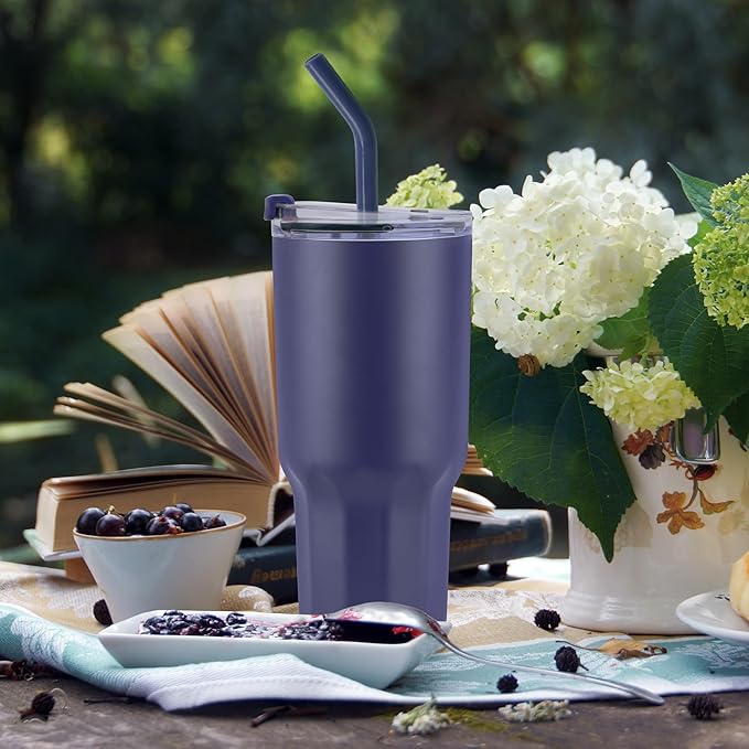 VEGOND 30 oz Insulated Stainless Steel Tumblers with lid and straw Bulk Pack Double Wall Vacuum Coffee Mug with Non-Slip Silicone Base, Sweat Proof Powder Coated Cup for Hot Cold Drinks, Navy 4Pack