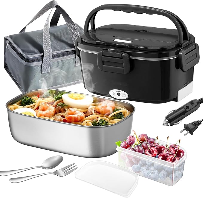 Electric Lunch Box For Adults, 80W Heated Lunch Box 1.5L Stainless Steel Heatable Lunchbox For Men, 12V/24V/110V Portable Food Warmer For Car Truck Work,Electric heating lunch box