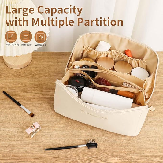 Travel Makeup Bag, Large Capacity Cosmetic Organizer Bags for Women, Waterproof PU Leather Toiletry Bags, Wide Open Flat Makeup Case with Divider and Handle