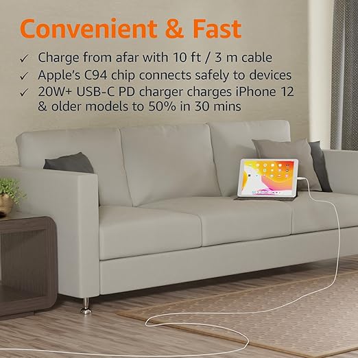 Amazon Basics MFi Certified USB-C to Lightning Fast Charging Cable for Apple iPhone, Nylon Braided, 10 ft, White