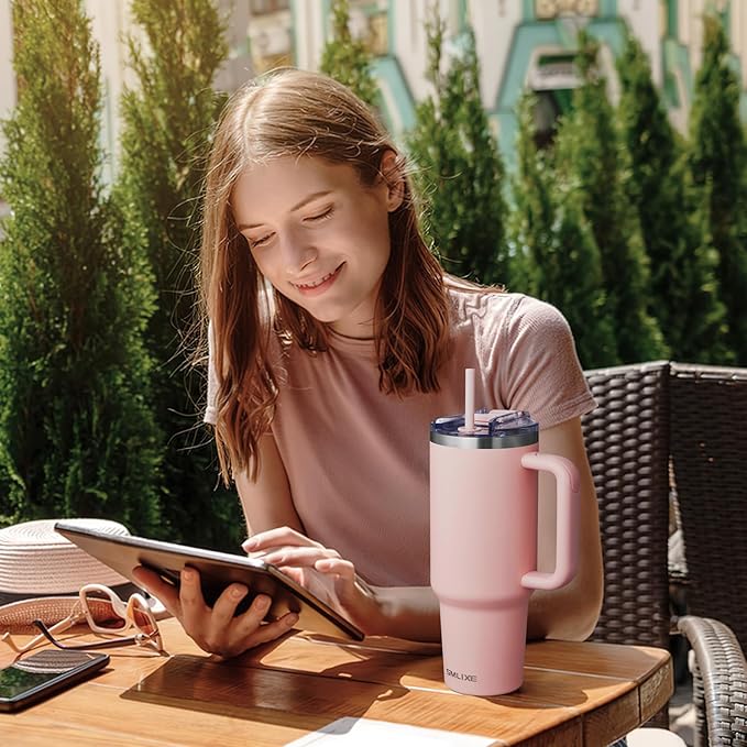 40 oz Tumbler with Handle and Straw Lid,Insulated Reusable Stainless Steel Water Bottle Travel Mug,Cupholder Friendly Double Wall Vacuum Sealed Cup (Pink)