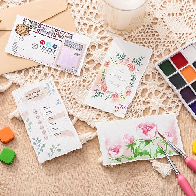 50 Sheets Deckled Edge Paper 2 x 3.5 inch, 160 GSM Handmade Paper Rough/Textured Watercolor Paper for Wedding Invitations, Cards, Crafts