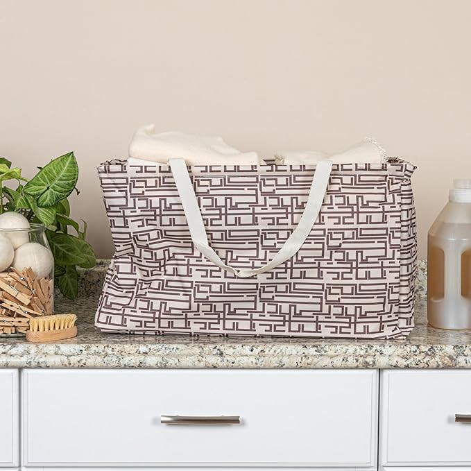 Household Essentials Large Canvas Utility Tote Bag with Handles | Collapsible Storage Basket for Laundry, Groceries, College, Beach, Car & More | Water-Resistant Lining | 11"x22"x13"