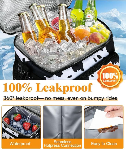 Insulated Lunch Bag for Men & Women - Leakproof Lunch Box Soft Cooler Tote, Adjustable Strap, Reusable Lunch Box for Work Office Picnic Beach Travel-Cow Print