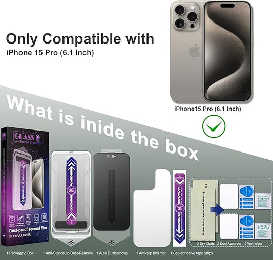 2 Pack Matte Privacy Screen Protector for iPhone 15 Pro 6.1-Inch Auto Dust Removal, No Bubbles,Anti-Spy Tempered Glass Film, Easy Installation