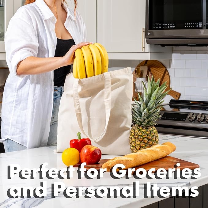 Carrywell |Not Made In China| 12 Pack Cotton Tote Bags, Lightweight Reusable Grocery Shopping Bag, Blank Bulk Cloth Totes with Handles, Great For Custom Screen Print and Gifts (15"x16")