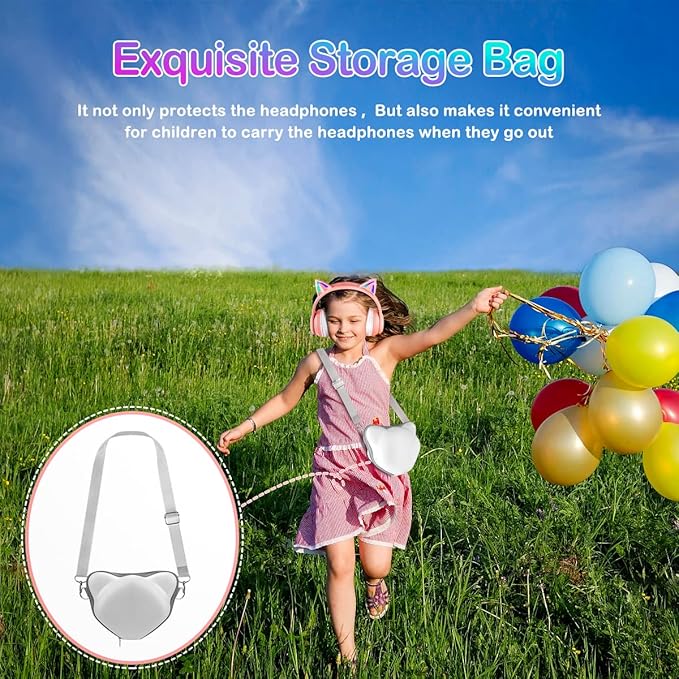 LOBKIN Bluetooth 5.4 Kids Headphones with Case - RGB LED Light Up Cat Ears Foldable Adjustable Over Ear Headphone Support Wireless or 3.5mm Wired Mode for Toddler & Girls & Boys Teens