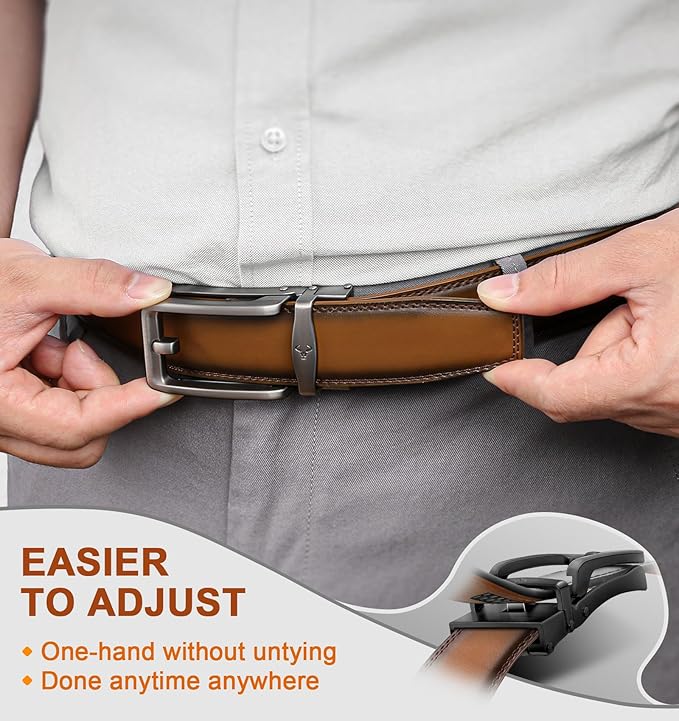 BULLIANT Men Ratchet Belt 2 Pack, Click Sliding Leather Belt Adjustable for Gift Men Dress Casual Jeans 1 3/8,Cut for Fit