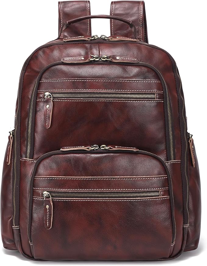 Vintage Full Grain Leather Backpack For Men, 17.3'' Laptop Bag Causal Rucksack Shoulder Bag Overnight For Business/Hiking/Travel
