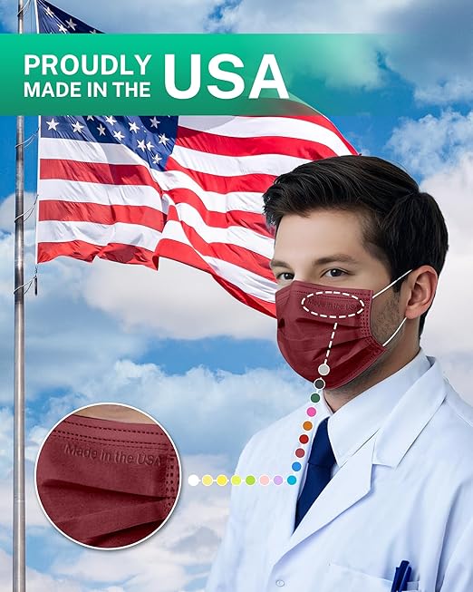 Disposable Face Masks Made in USA, 4 Ply for Families, Students, Breathable All-Day Wear & Safety, FSA HSA Eligible, ASTM Level 3 Medical Grade, 50 Pack, Burgundy