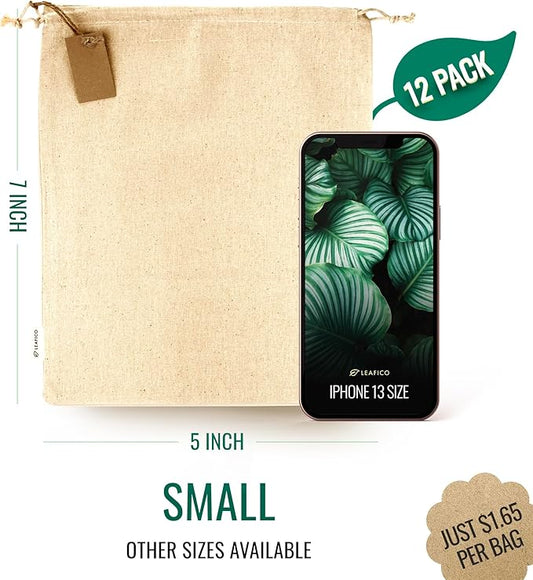 LEAFICO Organic Cotton Reusable Produce Bags - Small 5x7 (12 Pack) - Biodegradable Eco-Friendly Bulk Bin Sacks for Food - Cloth Bags with Drawstrings - Linen Pouch for Fruit, Vegetable Storage