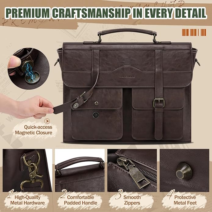 RAINSMORE Mens Messenger Bag 17 Inch Vintage Leather Laptop Briefcase Magnetic Closure Large Satchel Computer Shoulder Bag