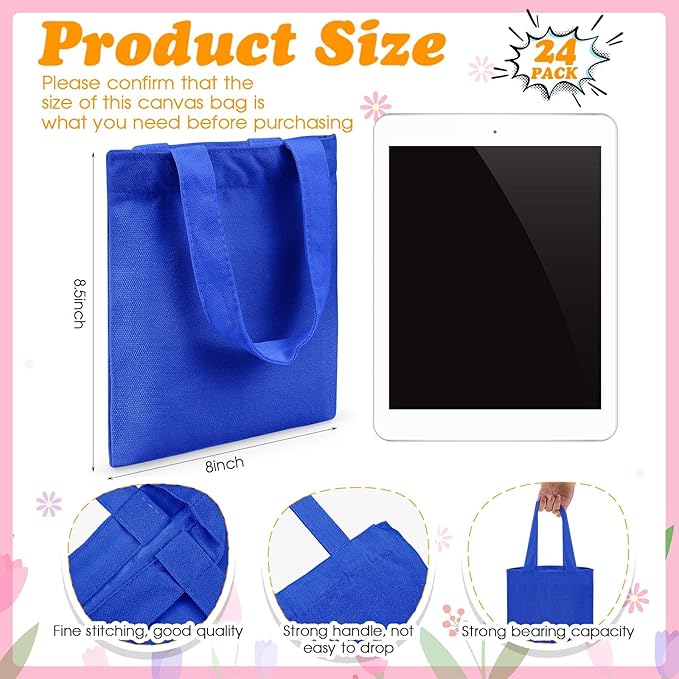 Amylove 24 Pcs Mini Tote Bag Sublimation Blank Canvas Tote Bags Reusable Grocery Luggage DIY Sack Goody for Party Even (8.5 x 8 Inch,Blue)