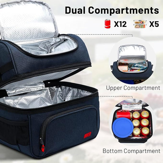 MIER Dual Compartment Lunch Bag Tote with Shoulder Strap for Men and Women Insulated Leakproof Cooler Bag, Dark Blue