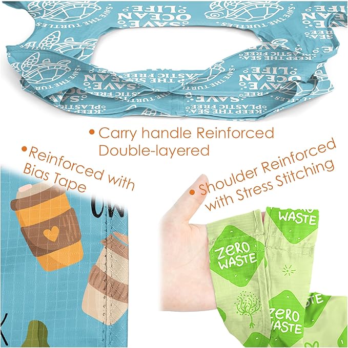 BeeGreen Print Reusable Shopping Bags 6 Pack - Heavy Duty Washable and Foldable Polyester Shopping Bag for Women, Reusable Gift Grocery Totes Market Tote Bag with Handles for Travel Holiday