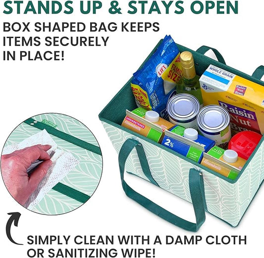 Reusable Grocery Bags (3 Pack) – Heavy Duty Reusable Shopping Bags for Groceries with Box Shape to Stand Up, Stay Open, Fold Flat – Large Tote-Bag is Foldable with Long Handles & Hard Bottom (Green)