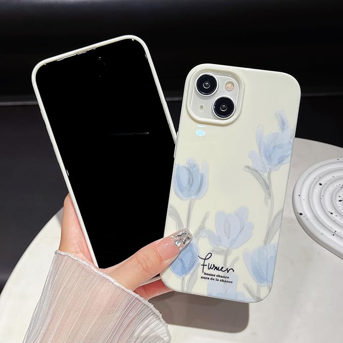 Artistic Blue Tulip Flower Soft Designed for iPhone Case (Beige,for iPhone 15 Pro Max)