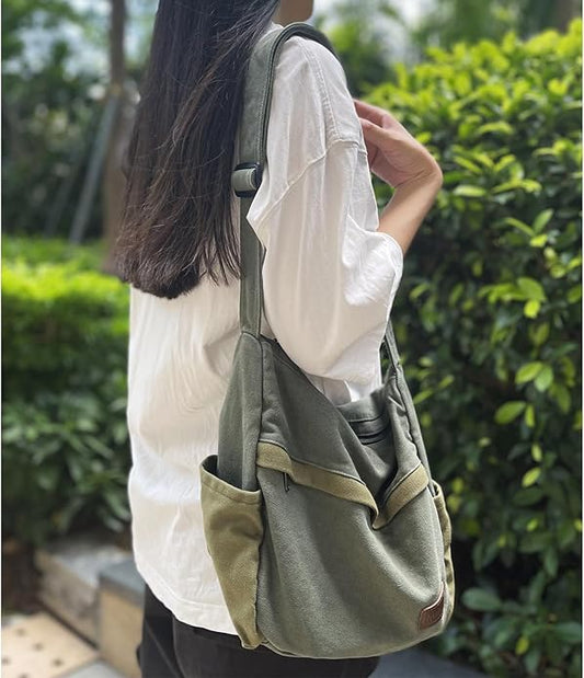 Large Canvas Messenger Bag with Multiple Pockets for Men and Women, Crossbody Shoulder Tote Hobo Laptop Bag