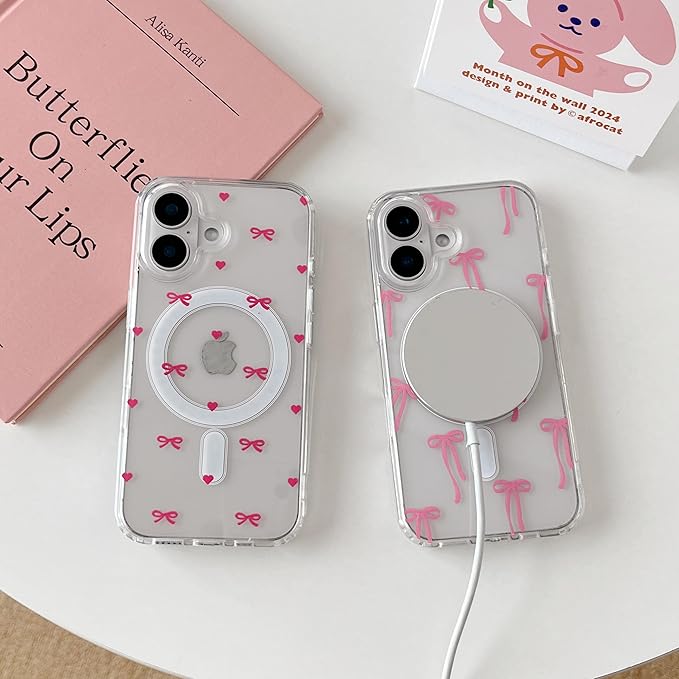 ZTOFERA for iPhone 16 Magnetic Case Clear,Cute Love Heart Ribbon Bow Tie Aesthetic Phone Case,Transparent Trendy Slim Soft Shockproof Protective Phone Cover for Women Girls,Pastel Pink