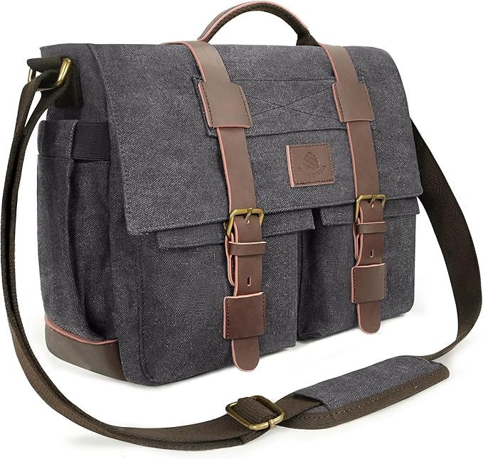 Messenger Bag for Men,13-14-15.6 Inch Laptop Bag, Vintage Heavyweight Canvas Satchel Bag, Leather Briefcase for School Work Travel (Grey)