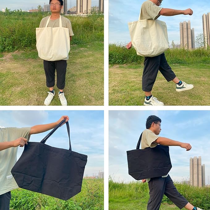 Koolmox Tote Bag Bulk with Zipper, 6-Pack 22x16x7.8'' Beige Tote Bag, 12Oz Durable Grocery Tote with Reinforced Handles and Wide Bottom for Grocery Shopping Bags Washable and Reusable Carry All Bags