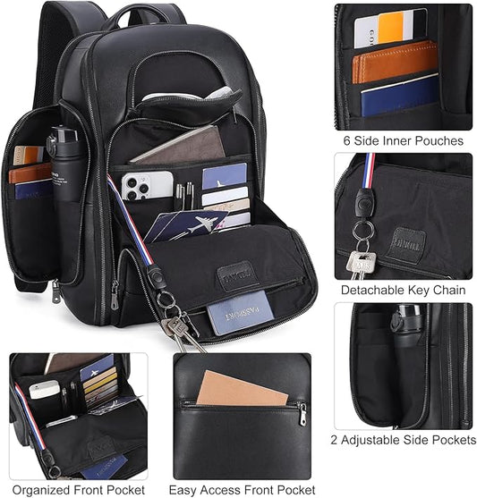 TIDING Men's Leather Laptop Backpack Fits 15.6 Inch Computer, TSA Approved & Water Resistant Work Daypack Business Travel Rucksack, Black