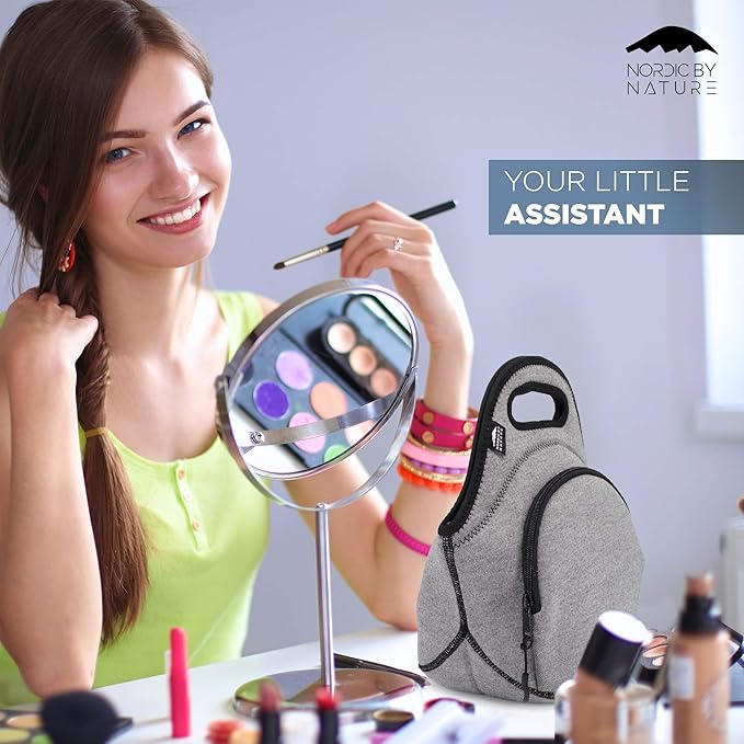 Nordic By Nature Neoprene Lunch Bag for Women & Lunch tote for Kids Insulated Lunch bag Reusable Washable Extra Thick Neoprene & Soft Cotton Feel, Premium Stitching, Outside Pocket, (M) Grey/Black