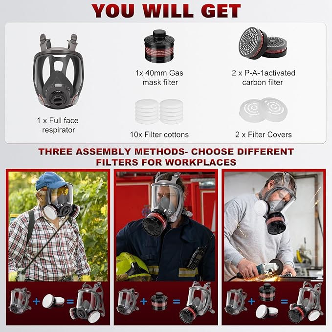 Gas Masks Survival Nuclear and Chemical - Reusable Full Face Respirator Gas Mask with Activated Carbon Filter