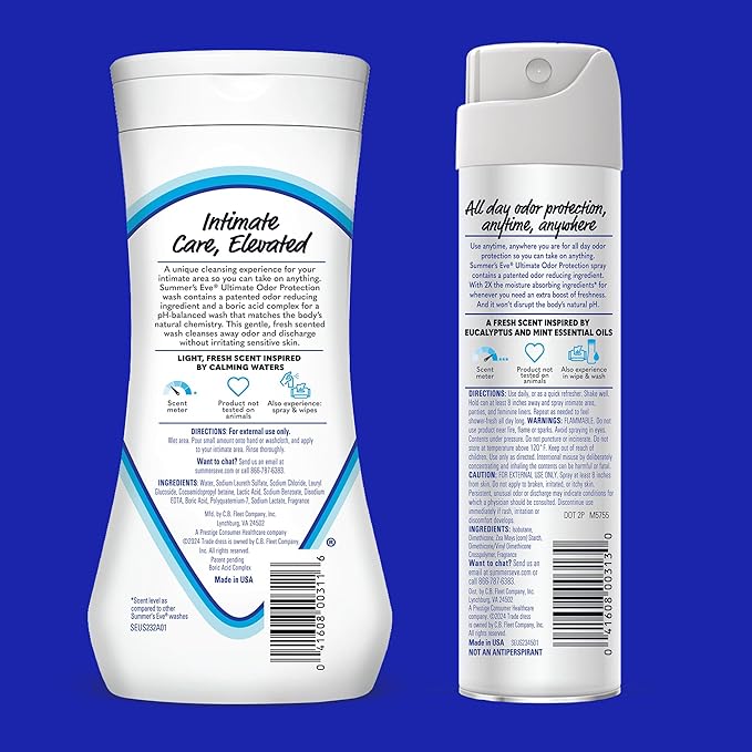 Summer's Eve Ultimate Odor Control Feminine Spray, 2 oz & Body Wash with Boric Acid, 15 Fl Oz