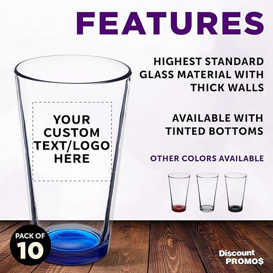 Custom Libbey Pint Glass 16 oz. Set of 10, Personalized Bulk Pack - Beer Glasses, Heavy Duty Drinkware - Blue