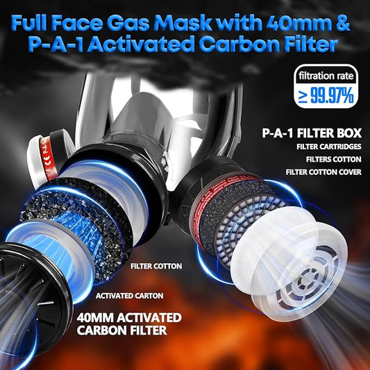 Full Face Gas Mask: 4Pack Gas Masks Survival Nuclear and Chemical with 40mm & P-A-1 Activated Carbon Filter Full Face Respirator Mask Used for Dust Spray Machining Soldering Polishing Welding