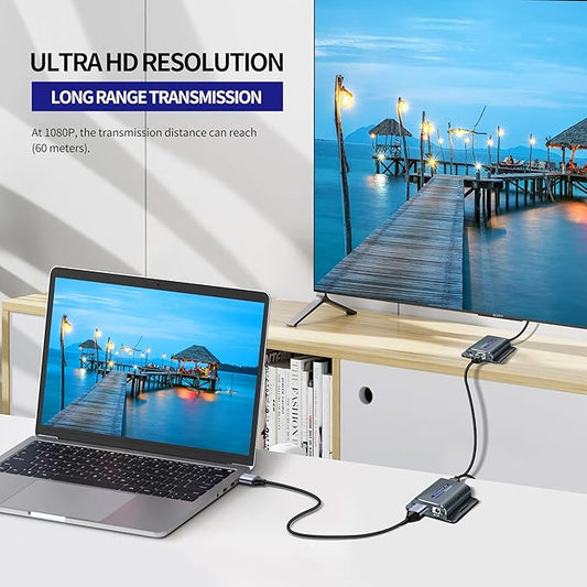 HDMI Extender Over cat6/7 ethernet 60m 1080P@60Hz with POC RJ45 to HDMI Adapter with 5V Power Adapter