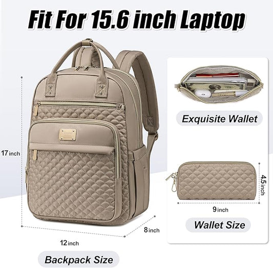 Laptop Backpack for Women,15.6 Inch Laptop Backpack for Work,Waterproof Travel Backpack,College Bookbag with Wallet (Khaki)