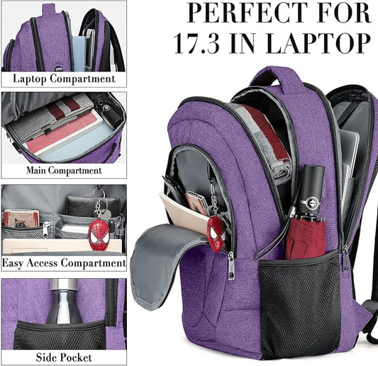 BIKROD Backpack for Women and Men, Extra Large School Backpacks for Teens, Water Resistant Back Pack with USB Charging Port Fits 17 Inch Laptop, Business Anti Theft Sturdy Computer Bag Gifts, Purple