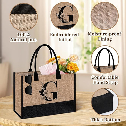 AYGE Personalized Initial Jute Tote Bag & Makeup Bag, Beach Bag, Monogrammed Birthday Gifts for Women Sister Mom Bridesmaid