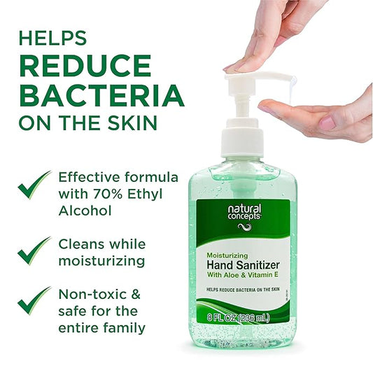 | 70% Ethyl Alcohol with Aloe and Vitamin E, Hand Sanitizer Gel | Made in Canada | 8-oz Bottle, 12-Pack | with Pump
