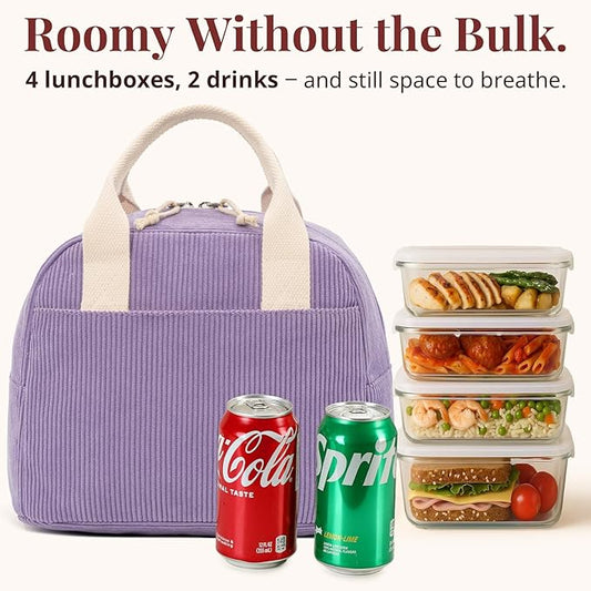 Insulated Purple Haze Lunch Bag for Women, Stylish Corduroy Tote with Aluminum Lining, Large Capacity Reusable Cooler for Work, Travel, or Beach, Beige Cream Water-Resistant Lunch Box