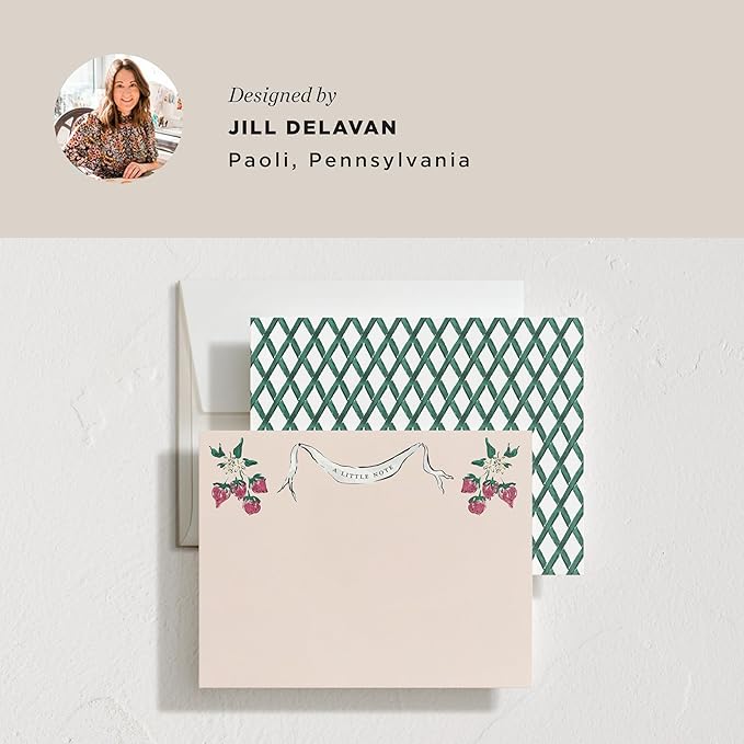 Minted Strawberry Queen Stationery Set, Set of 10, Flat Note Cards & Envelopes for Invitiations and Handwritten Thank You Messages, Strawberries & Vintage Banner, Gifts for Women, Luxurious Paper