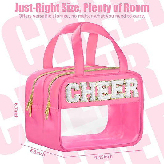 Cheer Chenille Letter Bags Clear Makeup Bag for Travel, Cheerleader Gifts Cosmetic Bag with Handles and Zipper, Nylon & PVC Waterproof Large Cheer Accessories Toiletry Bag for Women