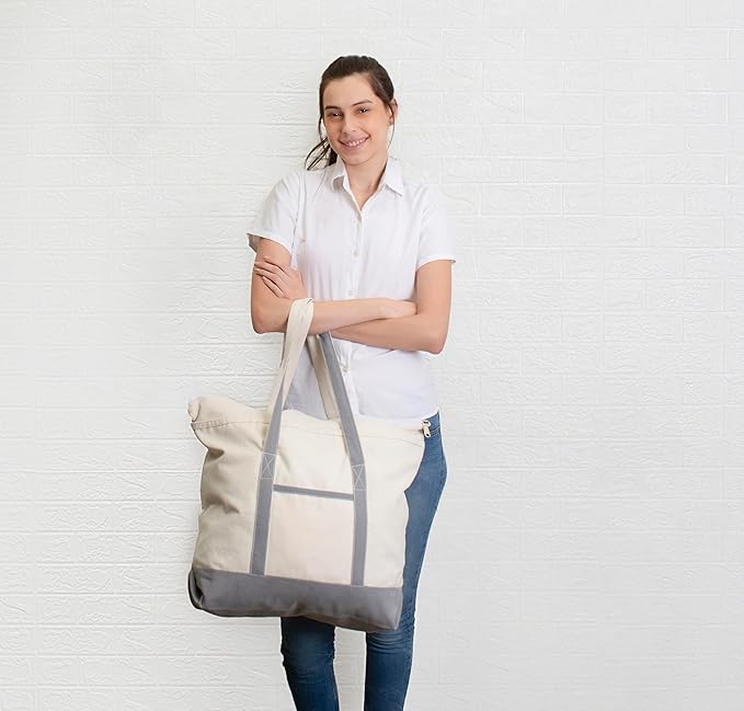 Cotton Canvas Tote Bag with an External Pocket & Top-Zipper Closure For - Gym, Beach, DIY, Work, Travel, Shopping