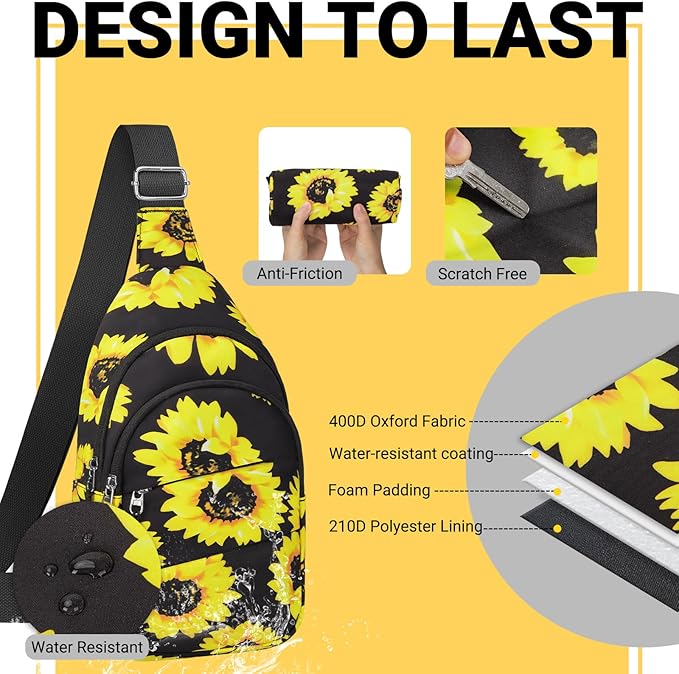 Crossbody Bags for Women, Sling Bag for Men, Small Hiking Backpack Anti Theft Lightweight for Outdoors Travel (M, Sun Flower)