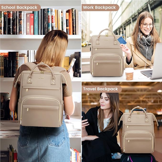 LOVEVOOK Leather Laptop Backpack for Women 17 inch,Travel Backpack Purse Nurse Teacher Backpack Computer Laptop Bag,Professional College Business Work Bags Carry On Backpack with USB Port,Sandy