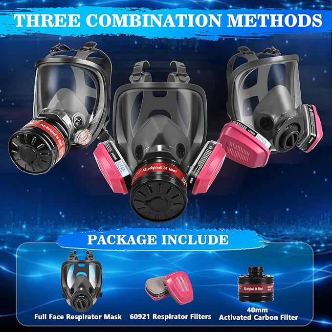 Full Face Gas Masks Survival Nuclear and Chemical with 40mm Activated Carbon Filter and 60921 Filters/Cartridges, Respirator Mask With Filters Against Dust, Organic Vapor, Paint, Welding, Chemicals