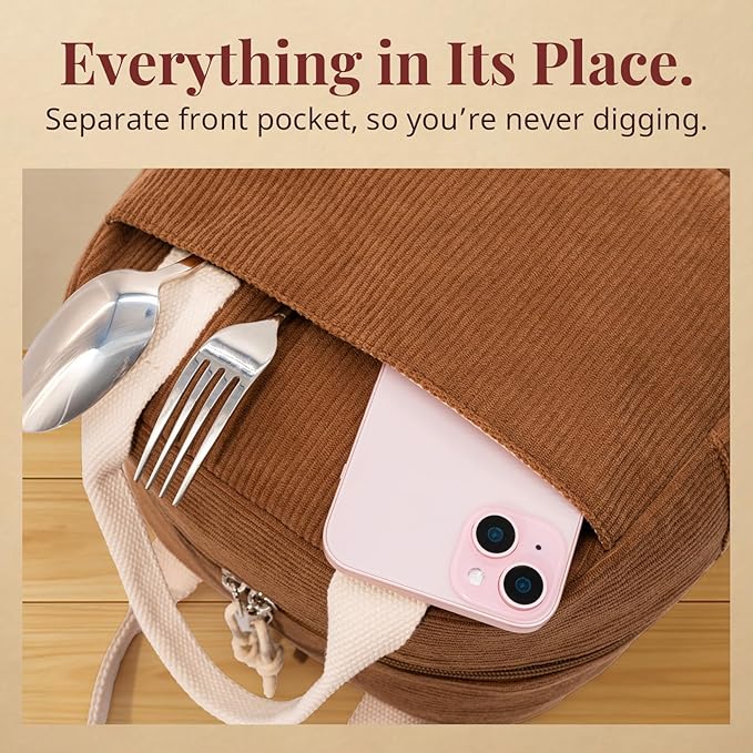 Insulated Brown Sugar Lunch Bag for Women, Stylish Corduroy Tote with Aluminum Lining, Large Capacity Reusable Cooler for Work, Travel, or Beach, Beige Cream Water-Resistant Lunch Box