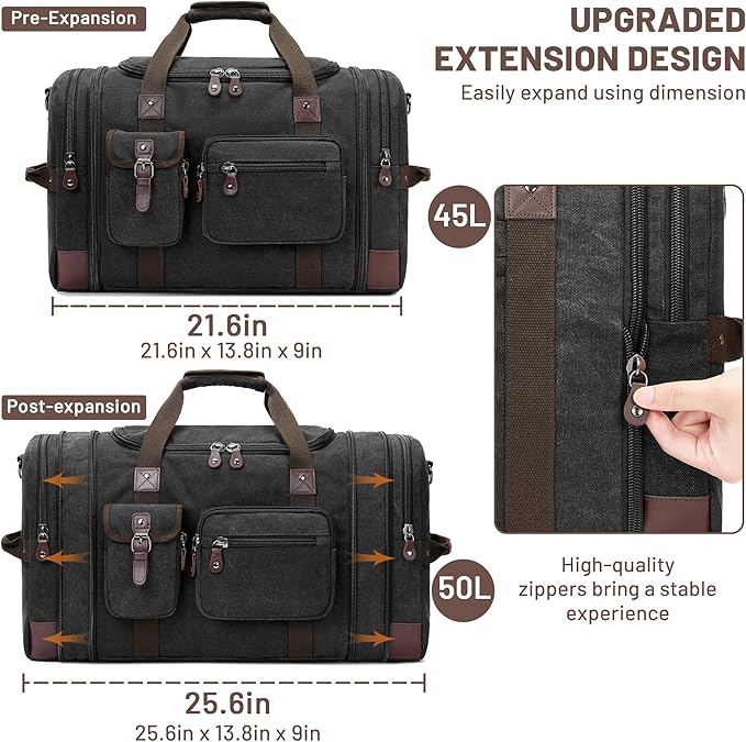 Travel Duffle Bag for Men, Duffle Bag for Travel, Heavy Duty Canvas Duffle, Carryon Bags for Airplanes, Expandable Vintage Overnight Luggage Weekender Bag, Waterproof Anti-tear Travel Bag