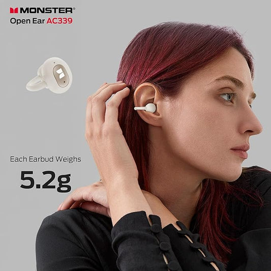 Monster Open Ear AC339 Earbuds, Bluetooth 6.0 Earphones Stereo Sound, Open Ear Clip Wireless Earbuds 40 Hours Playback, with Smart Digital Display Design, Touch Control, IPX6 Waterproof,Beige