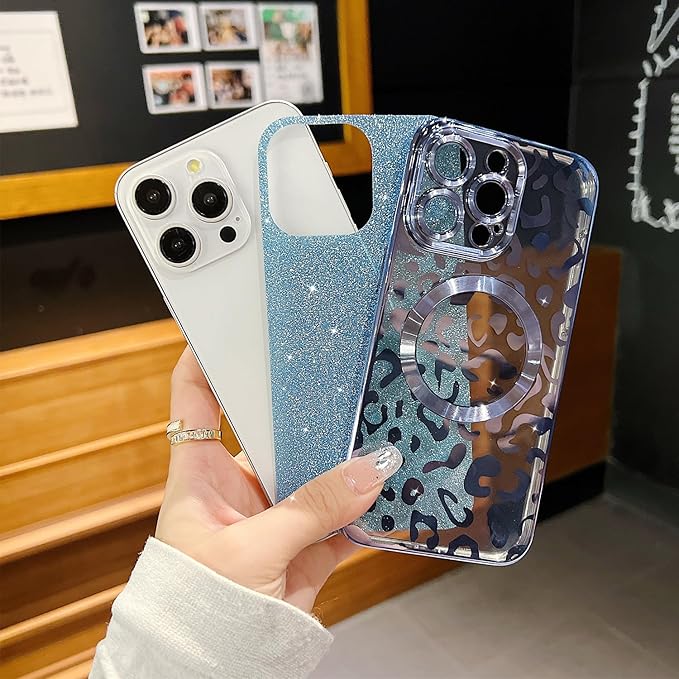 for iPhone 15 Pro Max Case Magnetic,Soft Cute Luxury Leopard Cheetah Pattern Plating Glitter Bling Phone Case Compatible with MagSafe Clear Shockproof Back Cover for Women Girl 6.7"-Blue