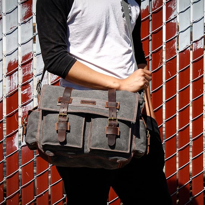 Messenger Bag for Laptop Vintage Canvas Leather Crossbody Satchel Shoulder Computer Bag Travel Office Messenger Bag