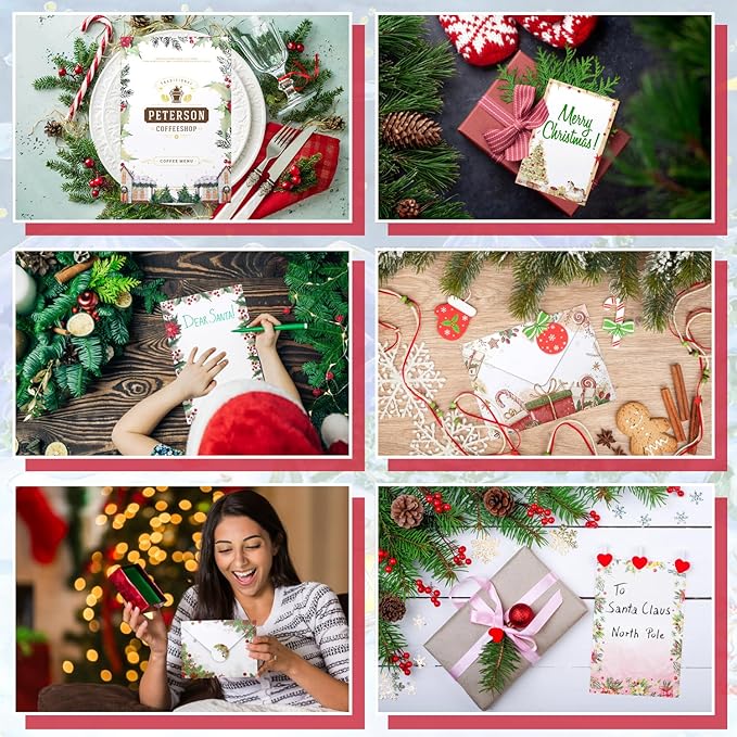 160 Pcs Stationery Paper Set Including 50 Matching Envelopes 50 One Sided Stationery Writing Papers 60 Round Dot Sticker for School Office Supplies,10 Design, 5.5 x 8.25 Inch(Christmas)