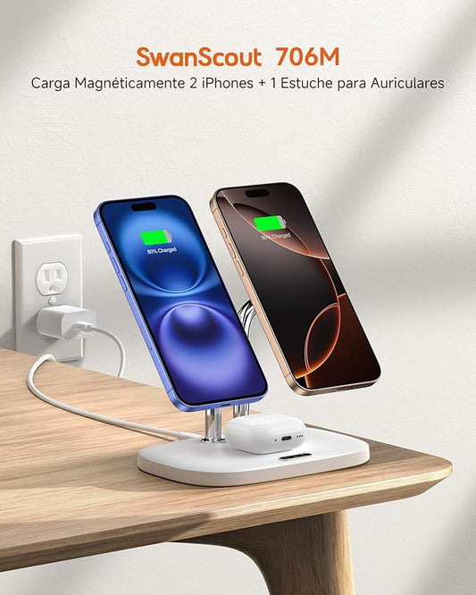 Wireless Charger for iPhone Air/17, SwanScout 706M, Dual Magnetic Charger for iPhone 16/15/14/13/12 Series, Charging Station for AirPods Pro 3/2, AirPods 4/3rd (White)